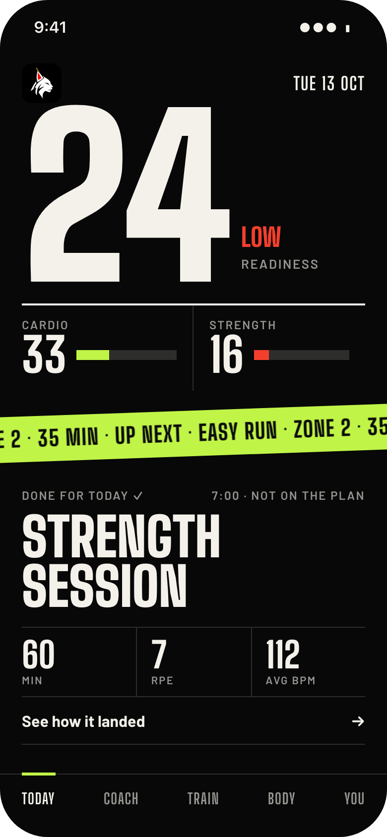 The Bėga Today screen: an adjusted easy run, a readiness number of 42, and cardio and strength load bars.