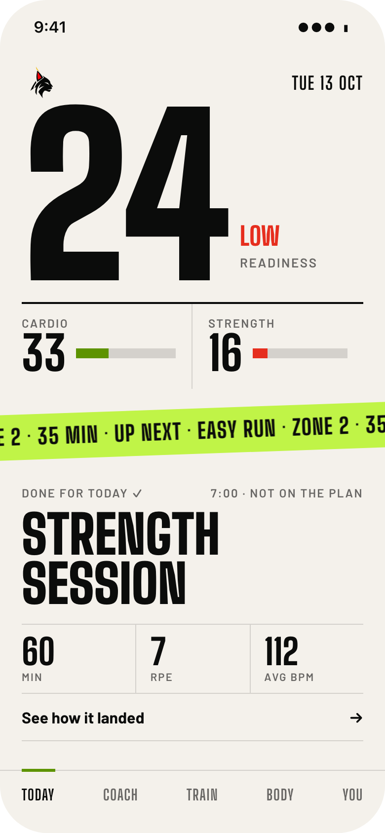 The Bėga Today screen: an adjusted easy run, a readiness number of 42, and cardio and strength load bars.