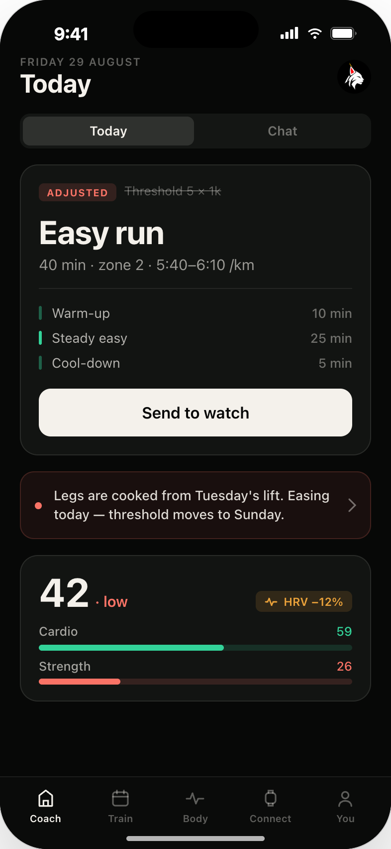 The Bėga Today screen: an adjusted easy run, a readiness score of 42, and cardio and strength load bars.